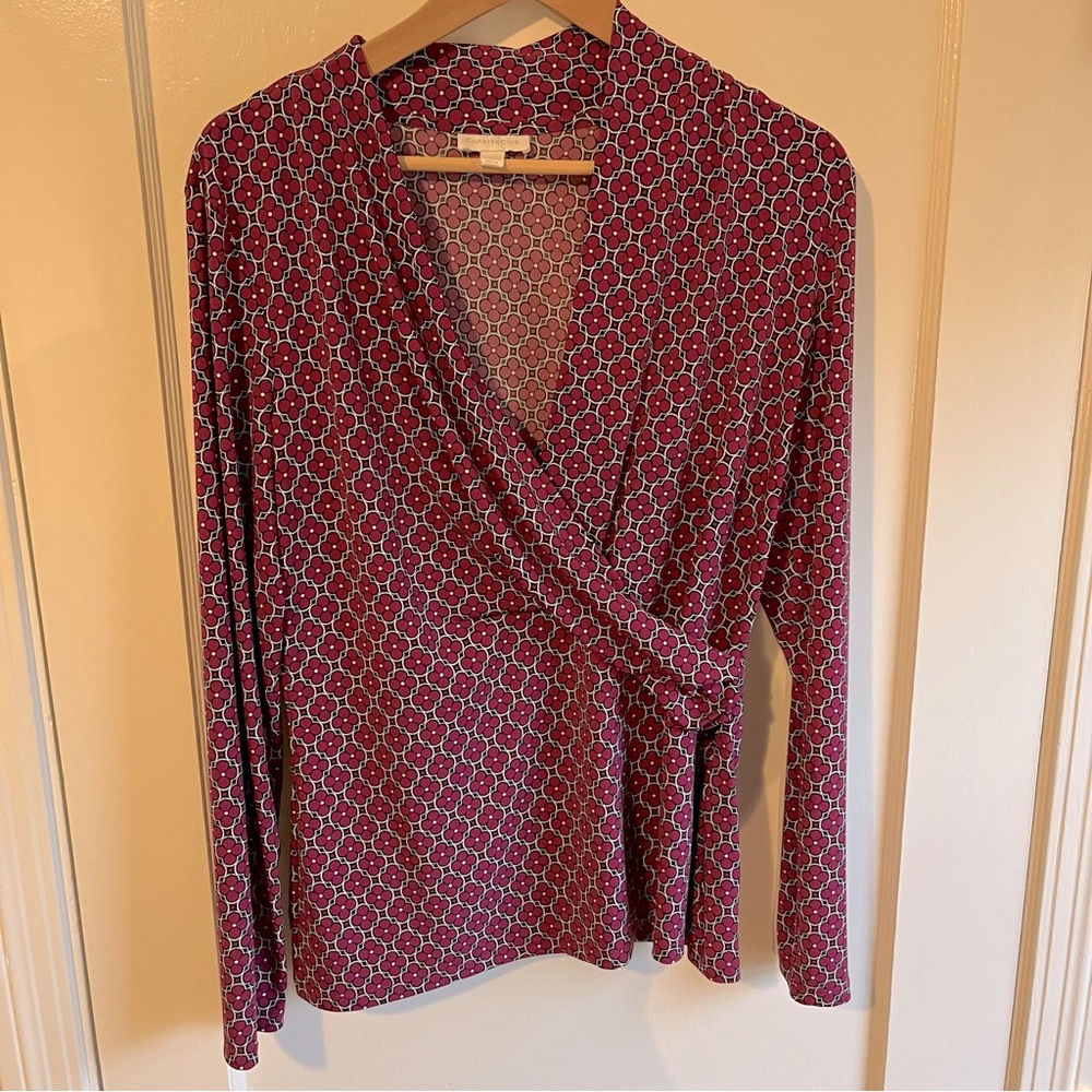 Charter Club Maroon Patterned Faux Wrap Long Sleeve Top, L